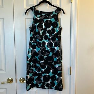 Mercer and Madison. Black, grey, white and teal dotted dress. Side zipper.